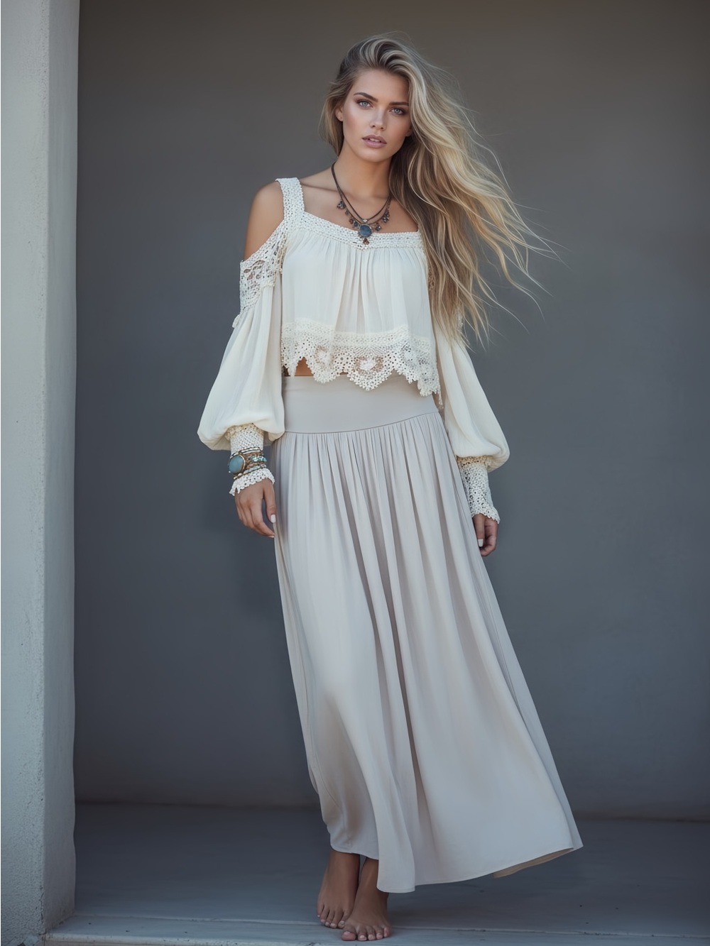Italian Bamboo Grey-Taupe Maxi Skirt with Wide Waistband - Picture 4 of 8